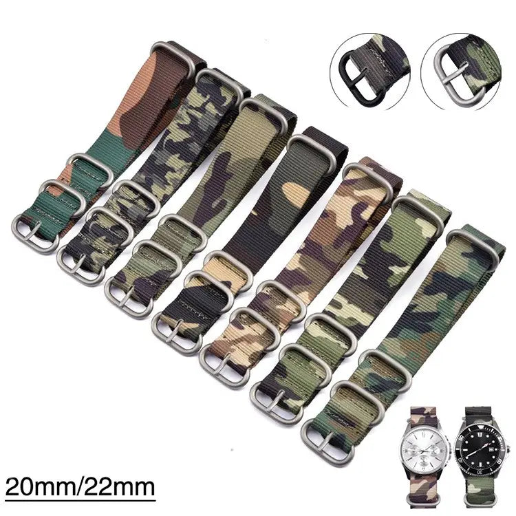 Premium Camo Nylon Watch Band with Integrated Steel Ring