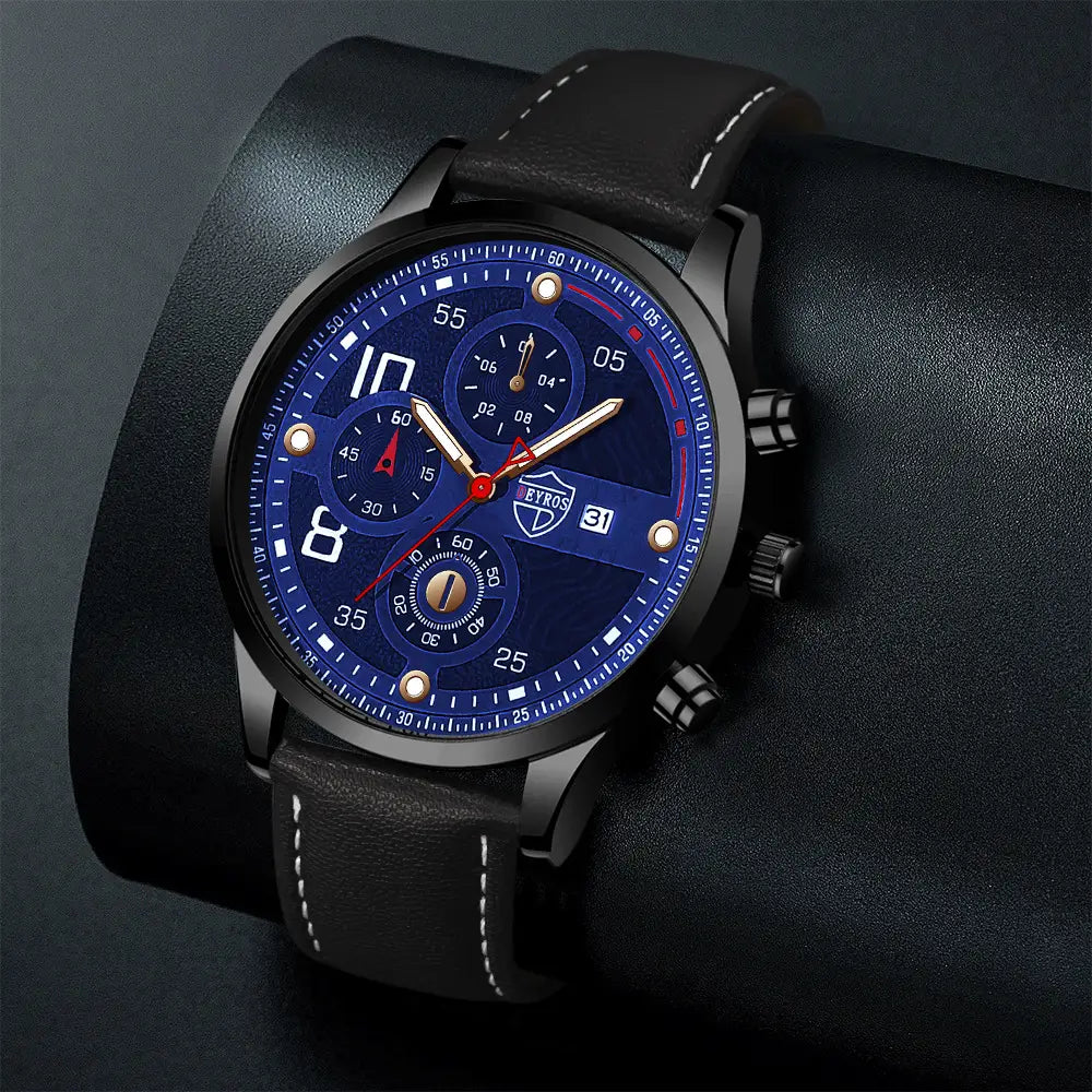 Luminous Quartz Leather Strap Men’s Calendar Watch