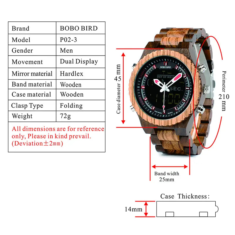 Full Wood Dual Movement LED Watch