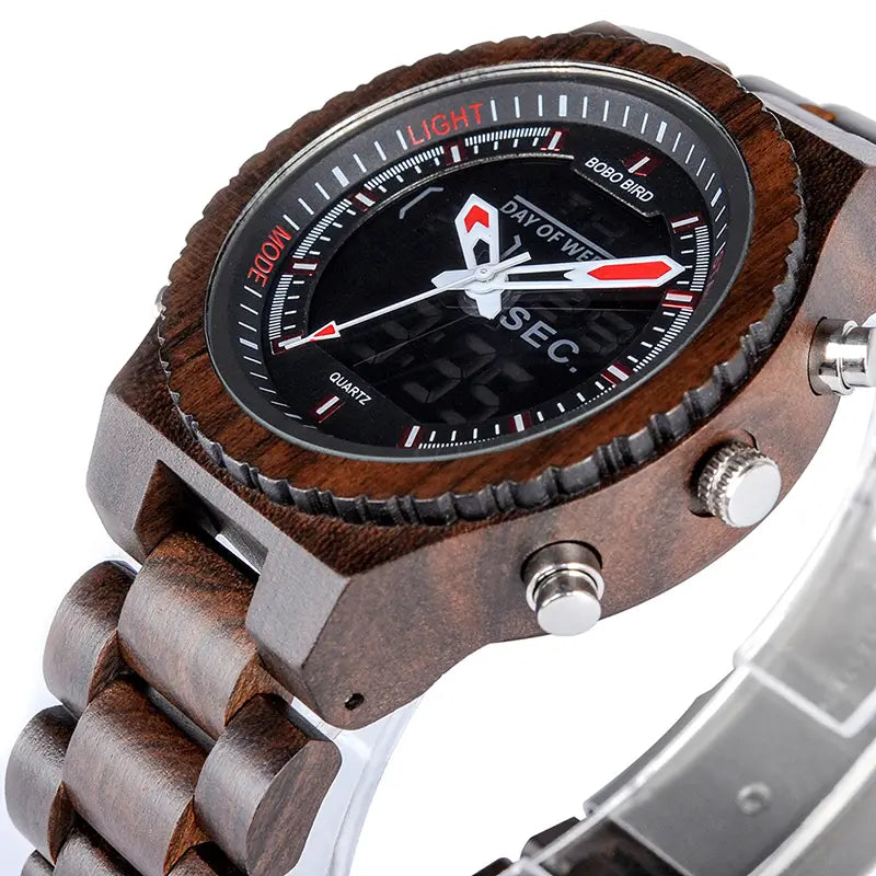 Full Wood Dual Movement LED Watch