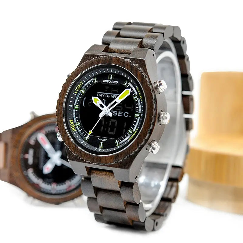 Full Wood Dual Movement LED Watch