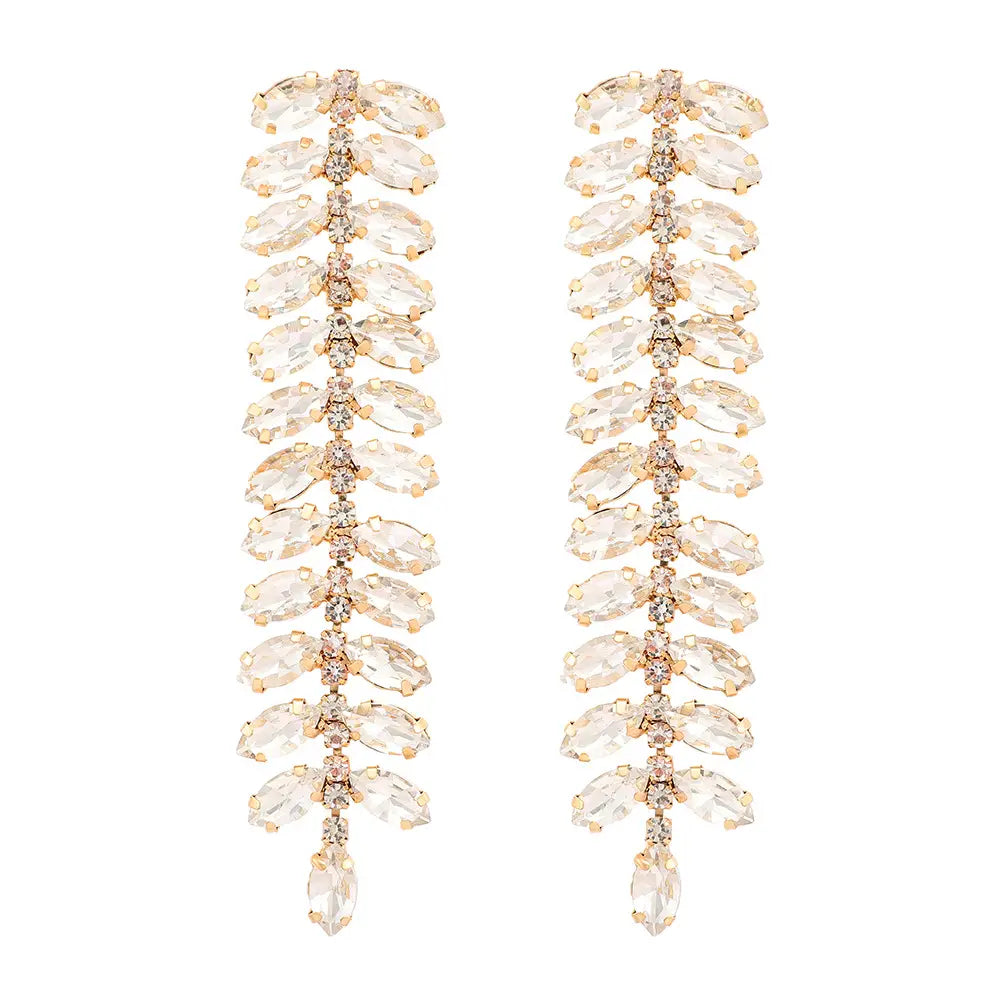 Rhinestone Long Leaf Earrings