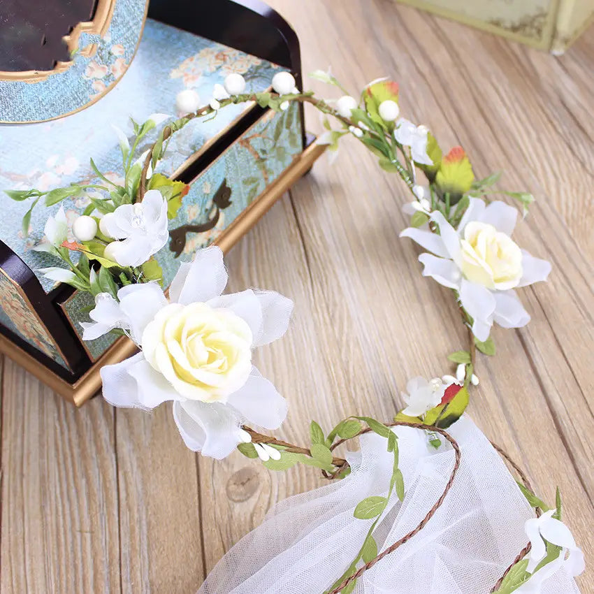 Handmade White Rose Rattan Wreath