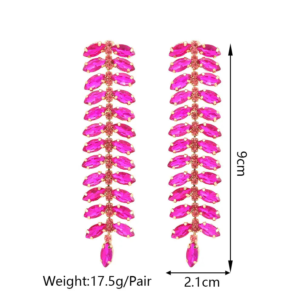 Rhinestone Long Leaf Earrings