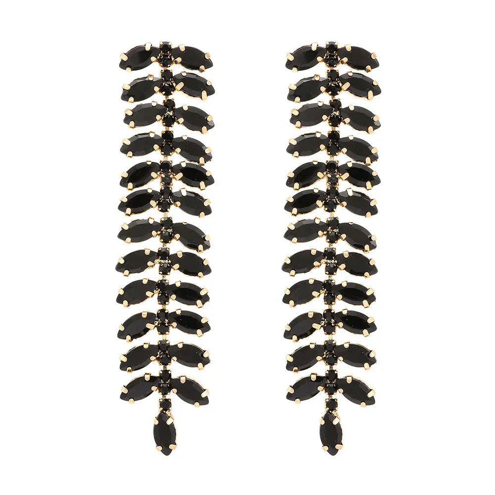 Rhinestone Long Leaf Earrings