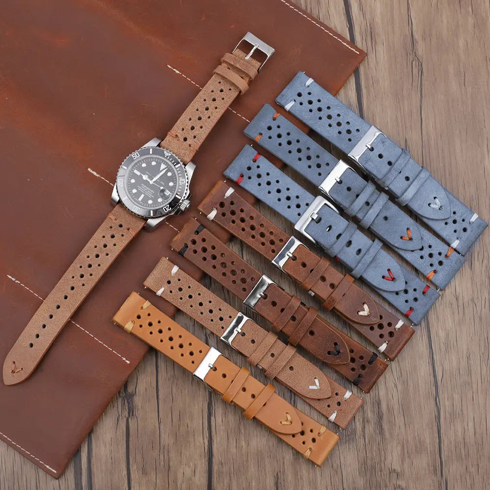 Gray-blue Multi-hole Leather Watch Band