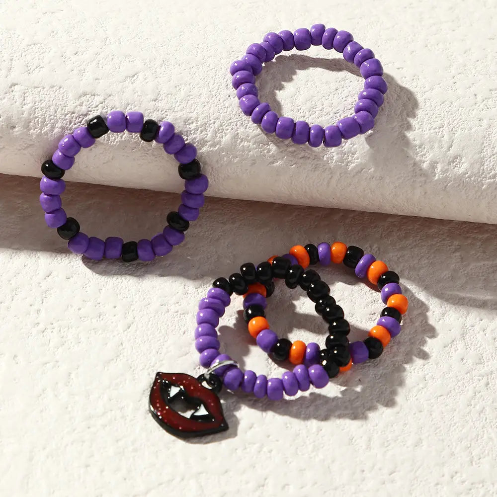 Retro Purple Halloween Rice Bead Ring Set