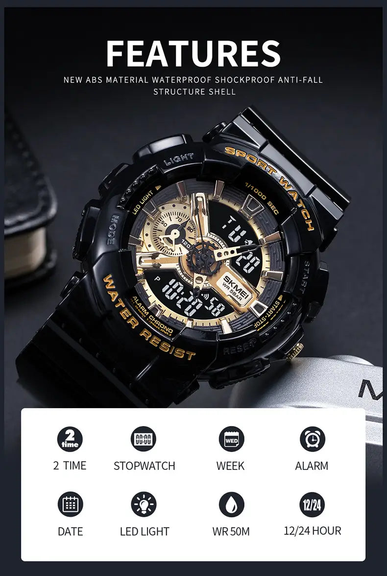 Black Gold Sports Double Display Electronic Watch for