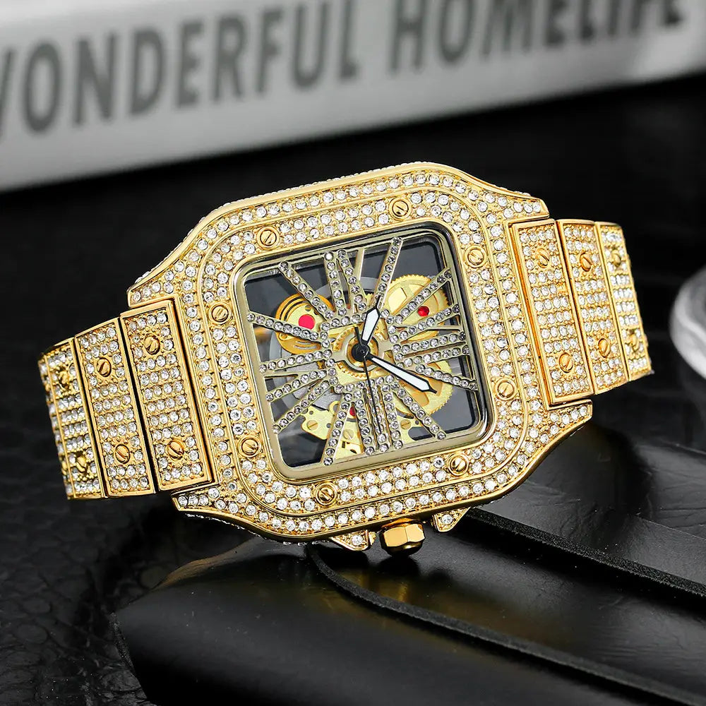 Square Men’s Hollowed Out Full Of Diamonds Watch