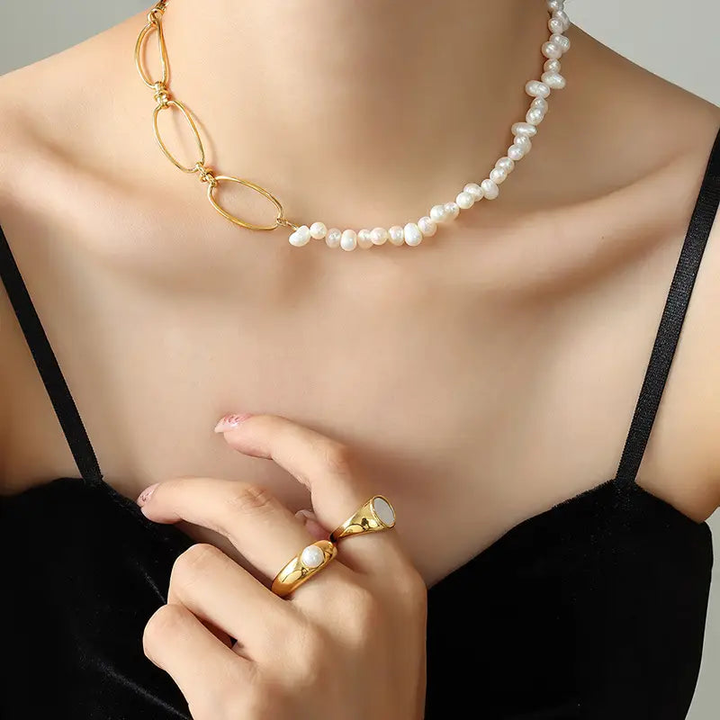 Freshwater Pearl Titanium Steel Geometric Necklace