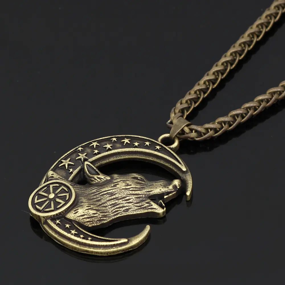 Vintage Wolf Head Moon Pendant Necklace