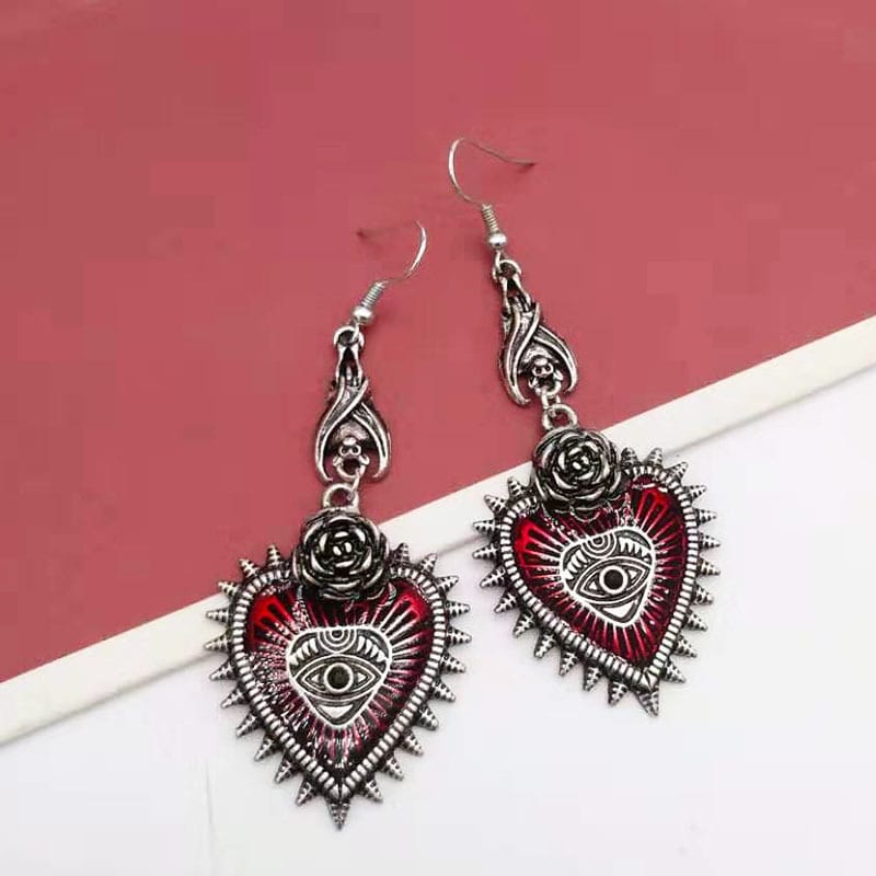 Evil Eye Red Heart Earrings