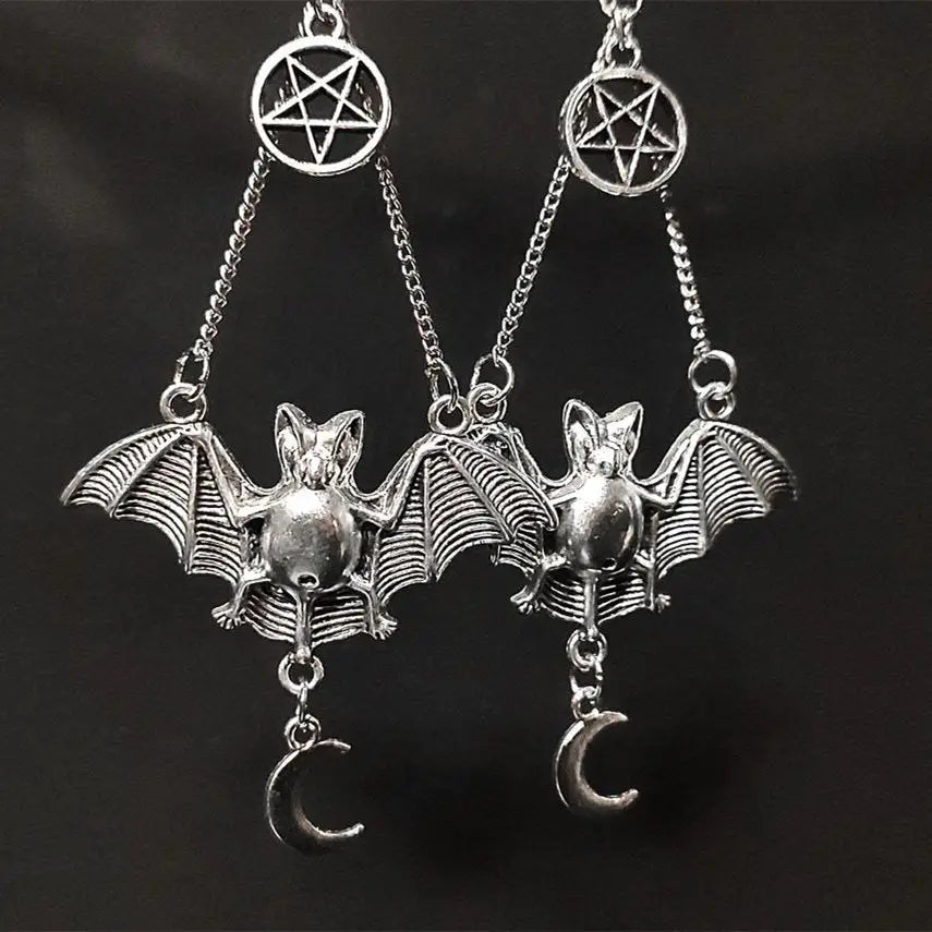 Bat Pentagram Moon Charm Earrings