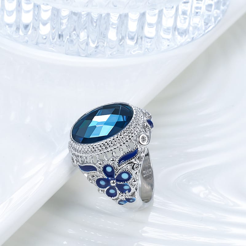 Retro Natural Emerald Silver Plated Flowers Agate Ring