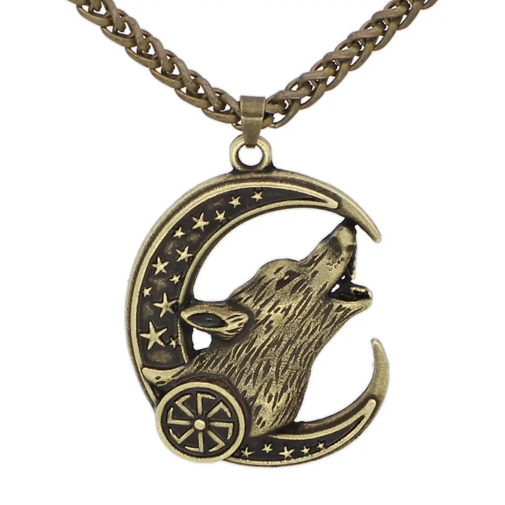 Vintage Wolf Head Moon Pendant Necklace