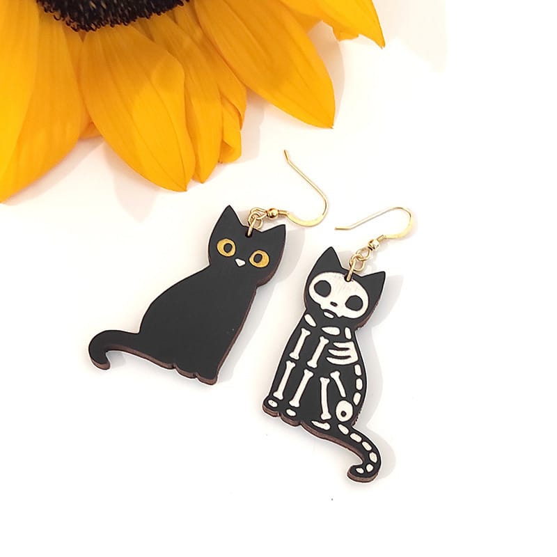 Personalized Black Cat Wood Stud Earrings