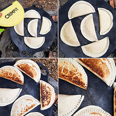 Four images. Each image is of wraps cooking outside
