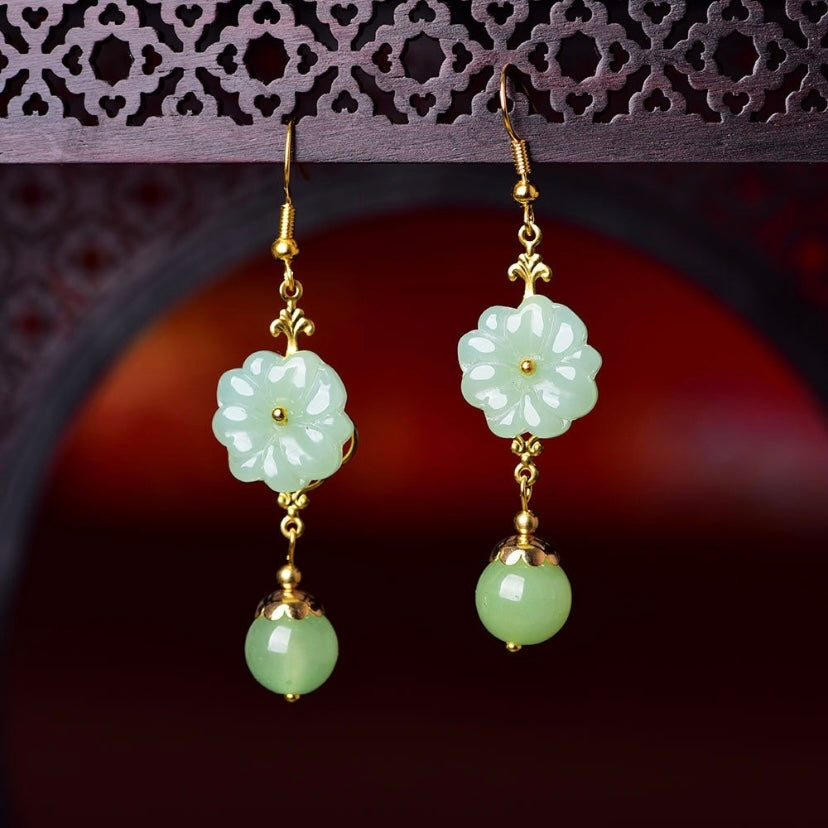 18K Gold Plated Green Agate Flower Dangle Drop Earrings for Women