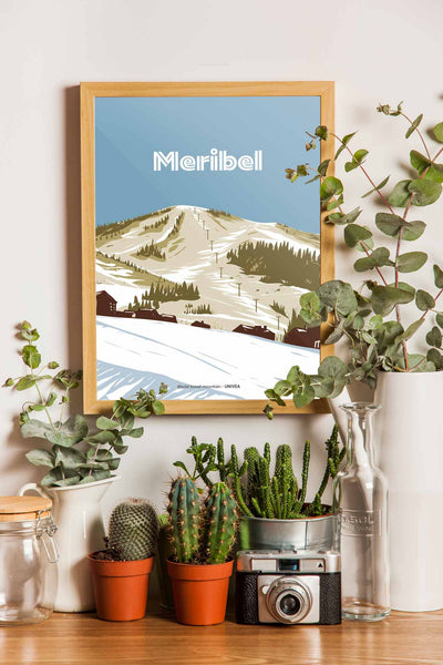 affiche de la station de ski Maribel en illustration dans un cadre en bois