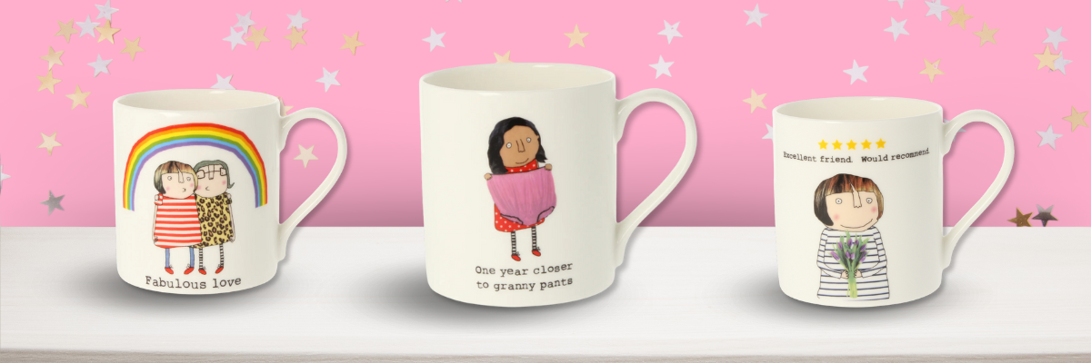 Rosie Made A Thing Mug Collection on a pink and white background