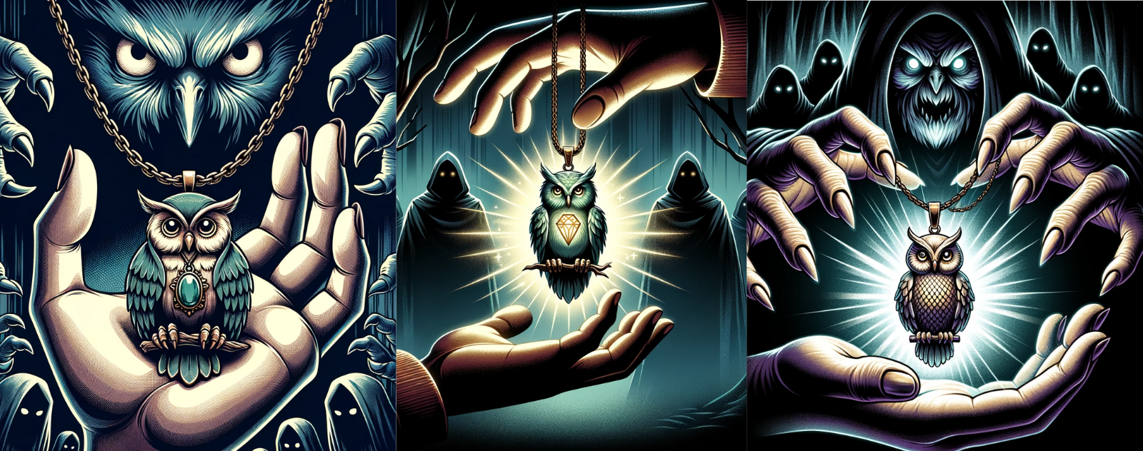 An illustration of a hand grasping an owl necklace, with the pendant emitting a protective aura against looming shadowy figures.