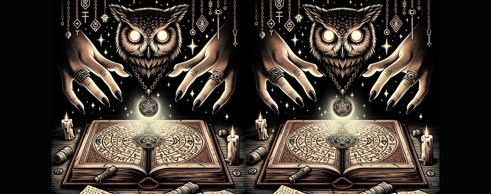 An illustration depicting an owl necklace on an ancient grimoire with magical hands hovering above.