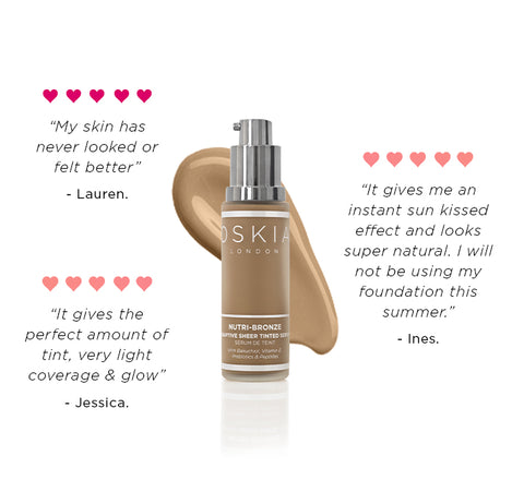 "My skin never looked or felt better" Lauren. "It gives the perfect amount of tint, very light coverage and glow" Jessica. "It gives an instant sun kissed effect and looks super natural. I will not be using my foundation this summer" Ines.