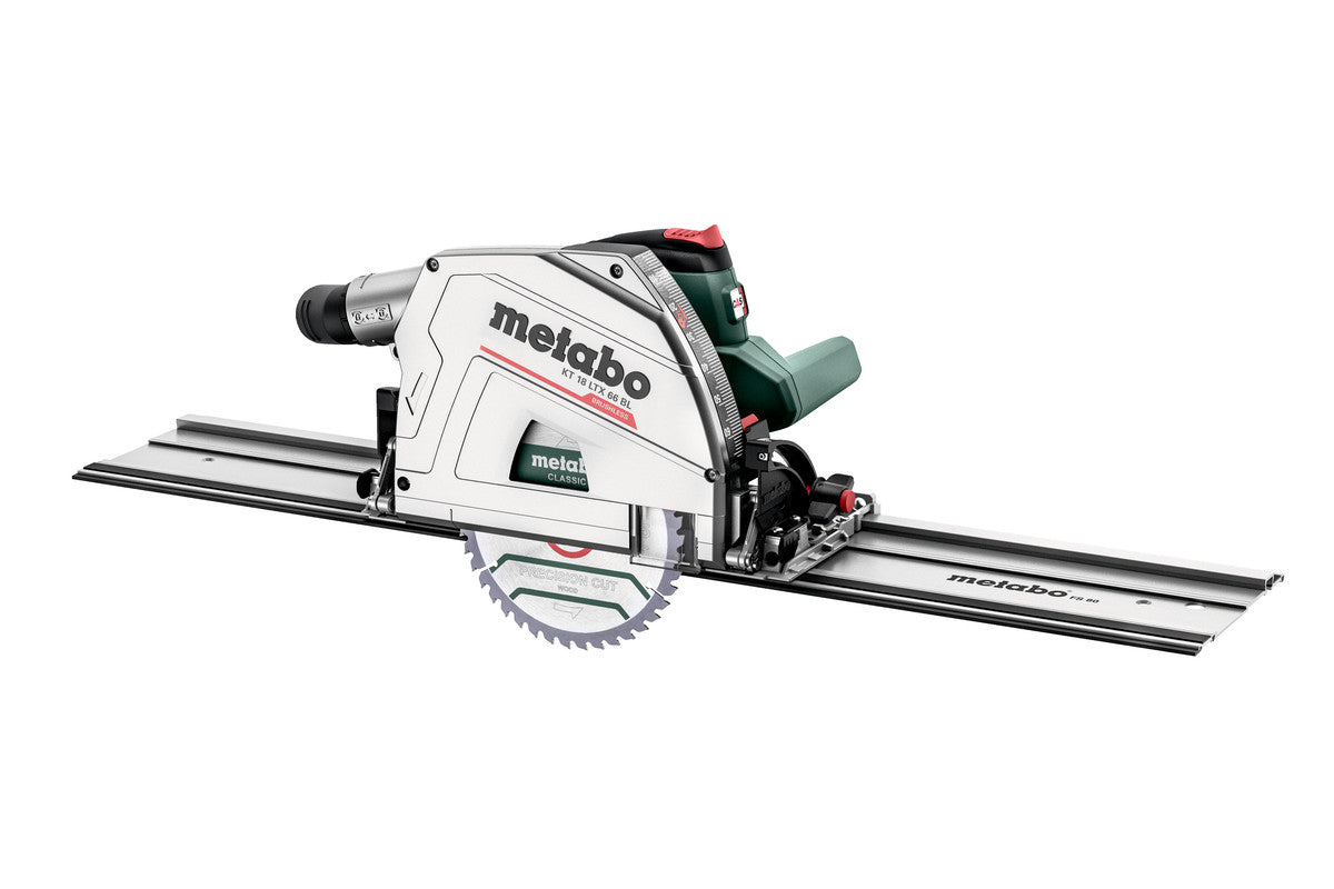 This is an image of the Metabo KT 18 LTX 66 BL (601866840) Cordless Plunge Cut Circular Saw with eth rail