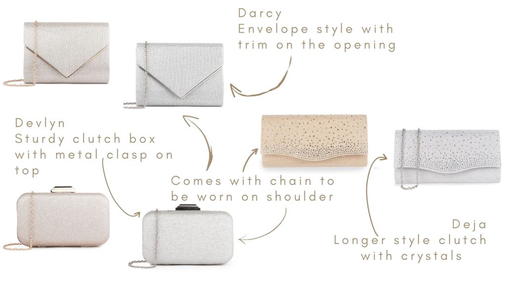 Darcy Envelope Clutch, Devlyn Box Clutch, Deja Baguette Clutch