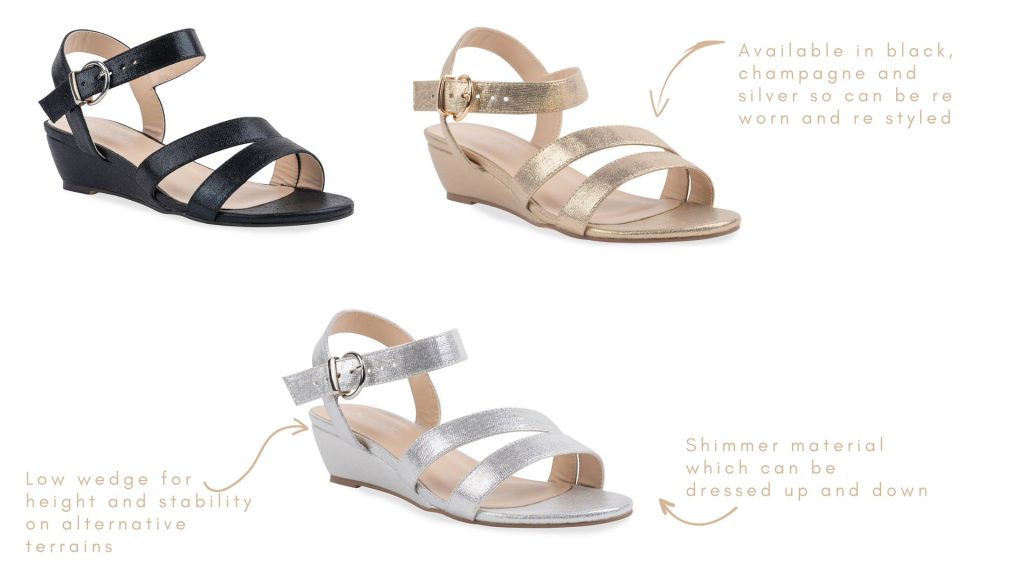 Janet Black, Janet Champagne, Janet Silver, Wedge Heel, Strappy Sandal, Occasion Sandal, Champagne Shimmer, Black Shimmer, Silver Shimmer 