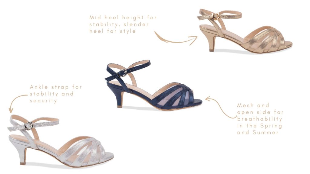 Theresa Champagne, Theresa Silver, Theresa Navy, Strappy Heels, Mid Heel, Wide Fit Strappy Sandals 