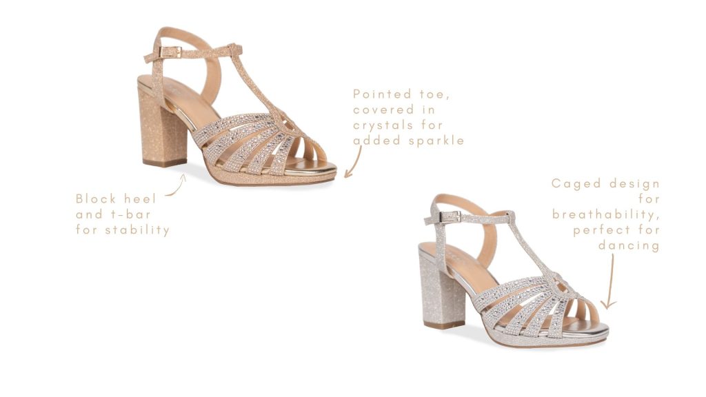 Tori, Caged design, t-bar detail, covered in crystals, block heel, wide fit.