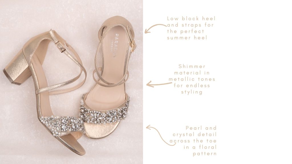Maeve gold heeled sandals, pearl and crystal detail, champagne shimmer
