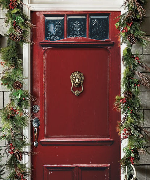 Christmas Lion Door Knocker on Red Door
