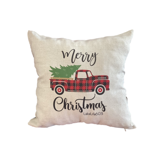 Red Truck Pillow Cover (Happy Holidays) - Linen and Ivory