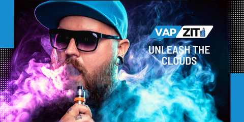 Clouds of luminescent vapour around a man wearing shades and hat, Vapzit logo in the background with unleash the clouds written under the logo