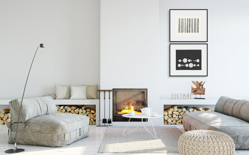 A cozy room with a print pairing of Grove and Bark Song Graphic