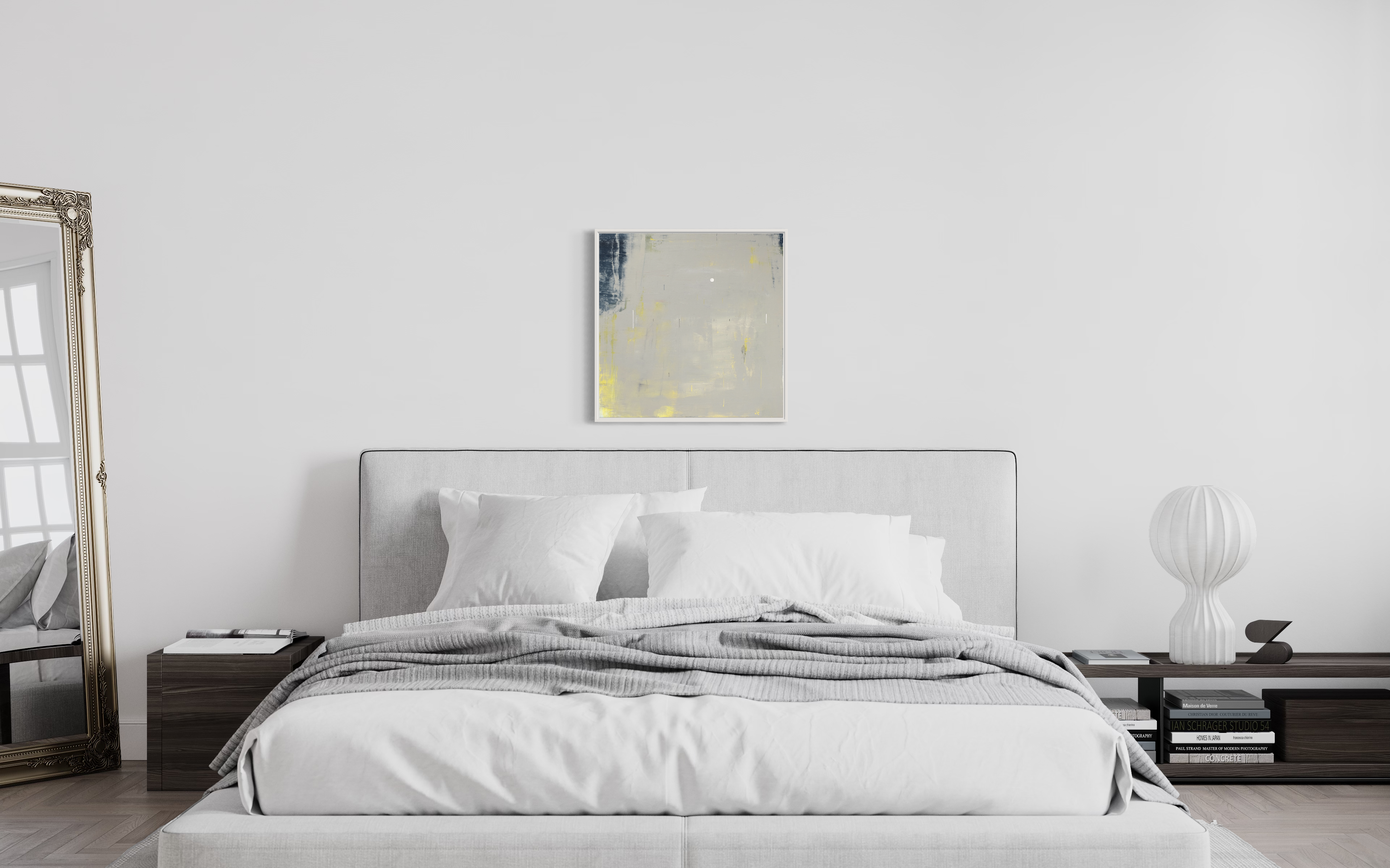 Moon Shadow painting by Janet Taylor hanging in a bedroom.