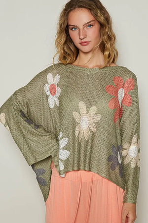 POL Flower Dropped Shoulder Long Sleeve Knit Top - The Spiritual Nook