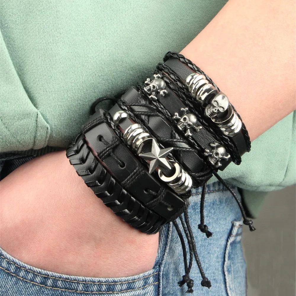 Pulseira Pulseira Punk Couro Skull 6 Peças - Rocktude