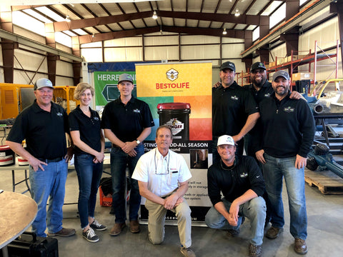 Right Turn Supply Staff at the Bestolife Booth: Standing (left to right): Andrew Golley, Business Developement, Lea Huisman, Office Manager, Josh Talladay, Mud Engineer, Jon Heinen, Co-Owner, Tim Hutton, Co-Owner and Patrick Robinson, Co-Owner.  Kneeling (left to right): Steve Wageman, Bestolife HDD/Water Well Sales Rep, and Justin Albert, Business Development. 