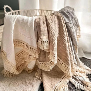 Newborn Baby Tassel Receiving Blanket - Muslin Cotton Baby Blankets, Infant Fringe Swaddle Blanket, Babies Sleeping Quilt Bed Cover - Boss Seth