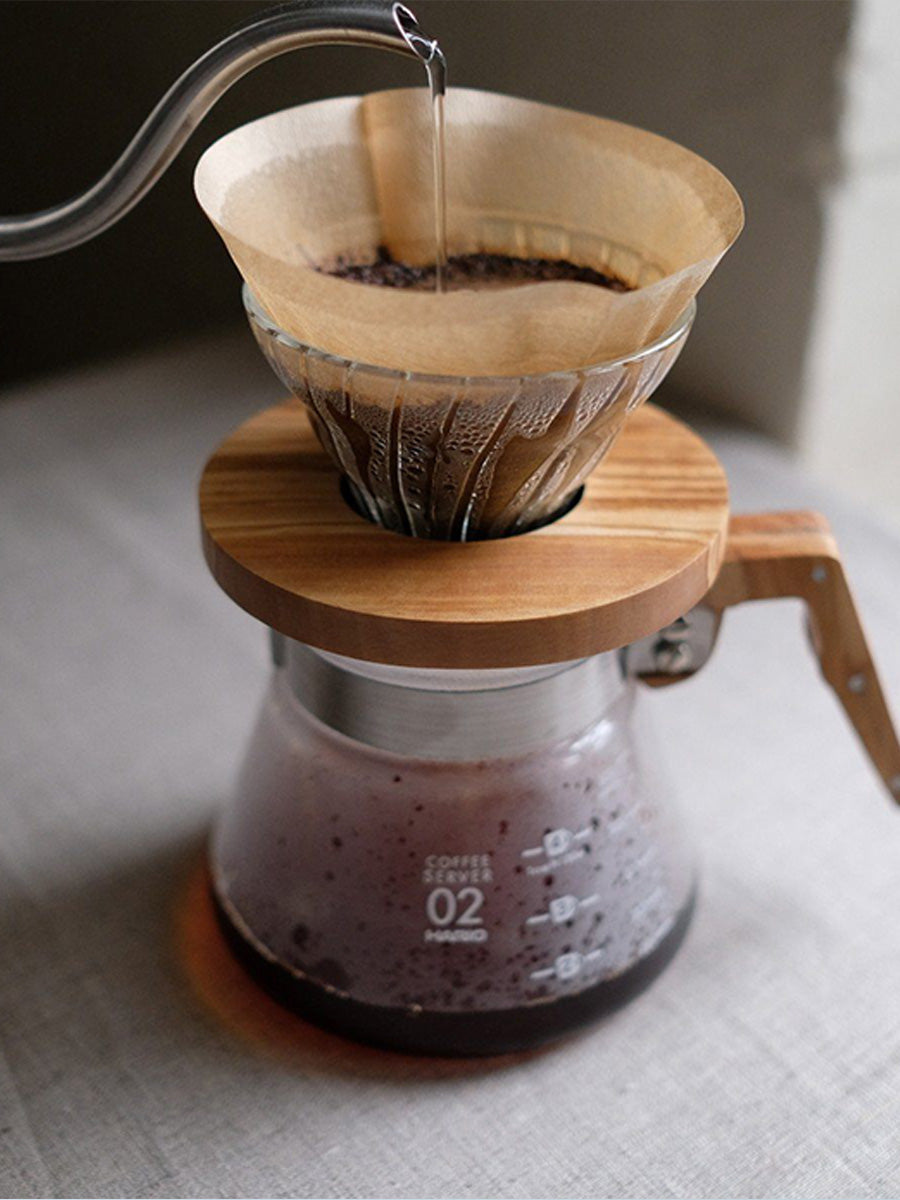 Hario V60 Olive Wood Stand & Heat Resistant Glass Coffee Server 02