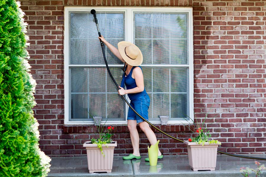 woman spring cleaning window