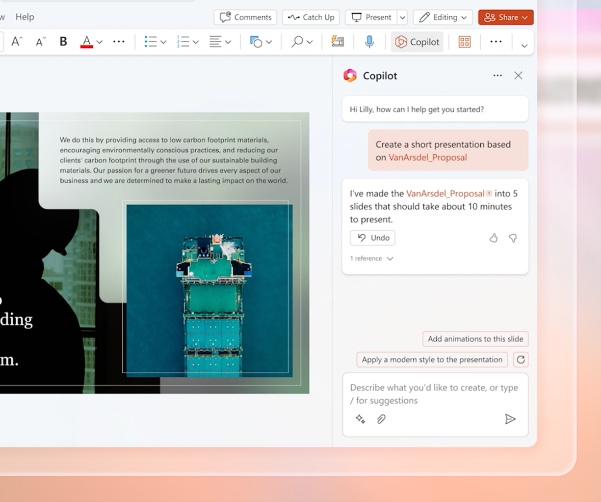 Screenshot of Copilot being used to assist with building a PowerPoint presentation.