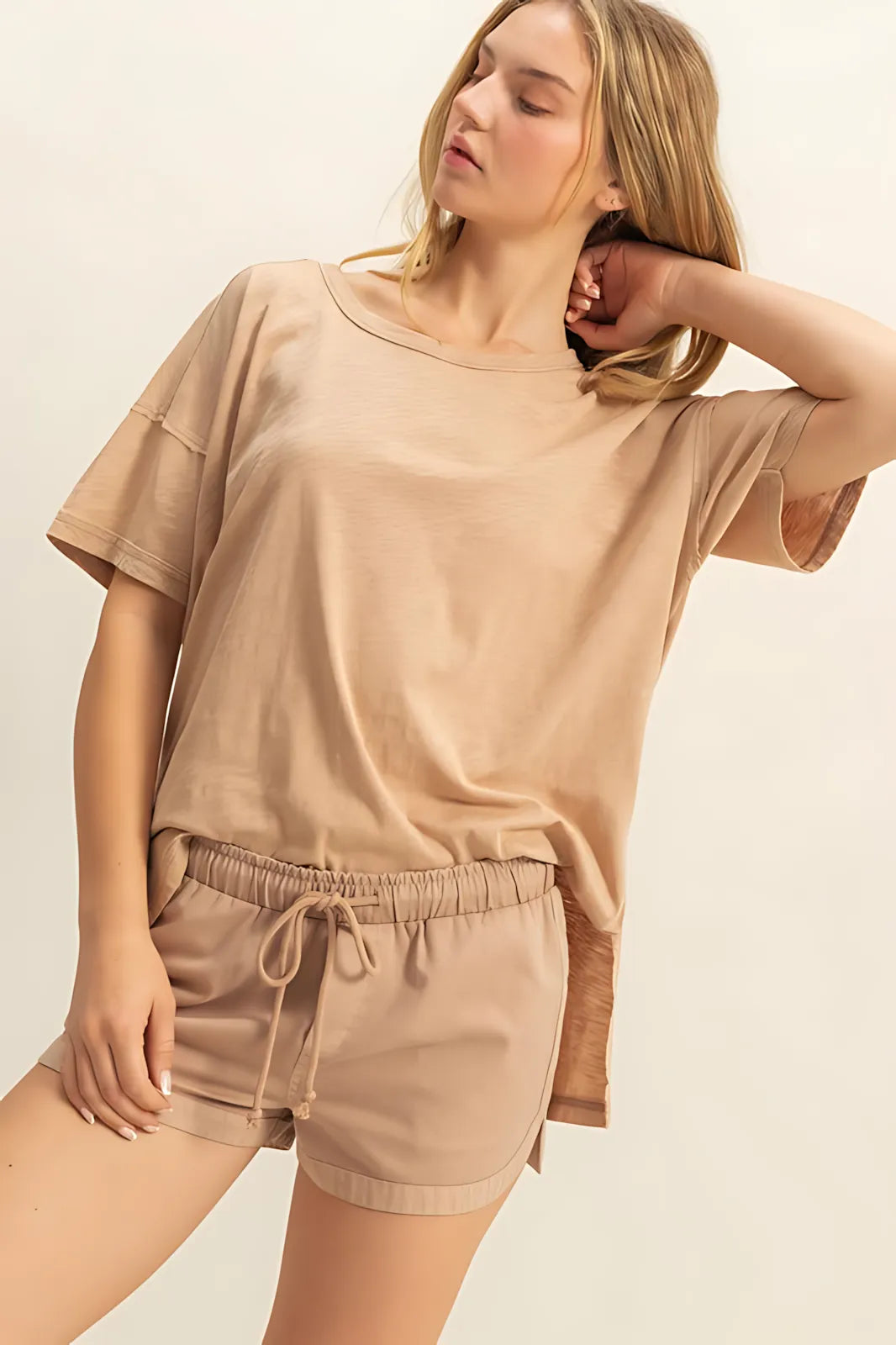 Women’s Washed Cotton Round Neck Short Sleeve Tan T-Shirt