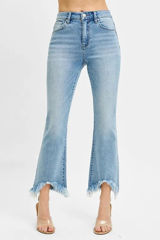 Women’s Plus Size High Rise Crop Bootcut Jeans – Fray Hem Stretch Fit