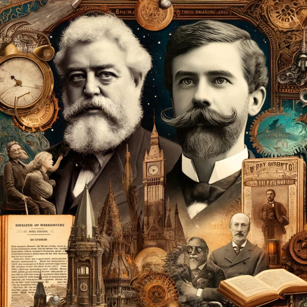 Image of steampunk authors in front of steampunk themed background