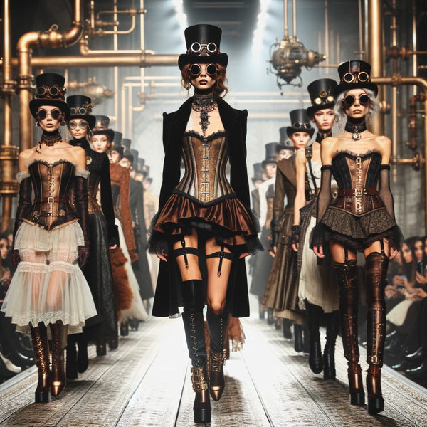 Image of a steampunk fashion catwalk show with a woman wearing steampunk style clothes walking down the catwalk