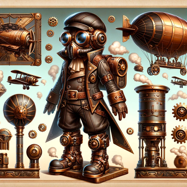 A depiction of a steampunk game character